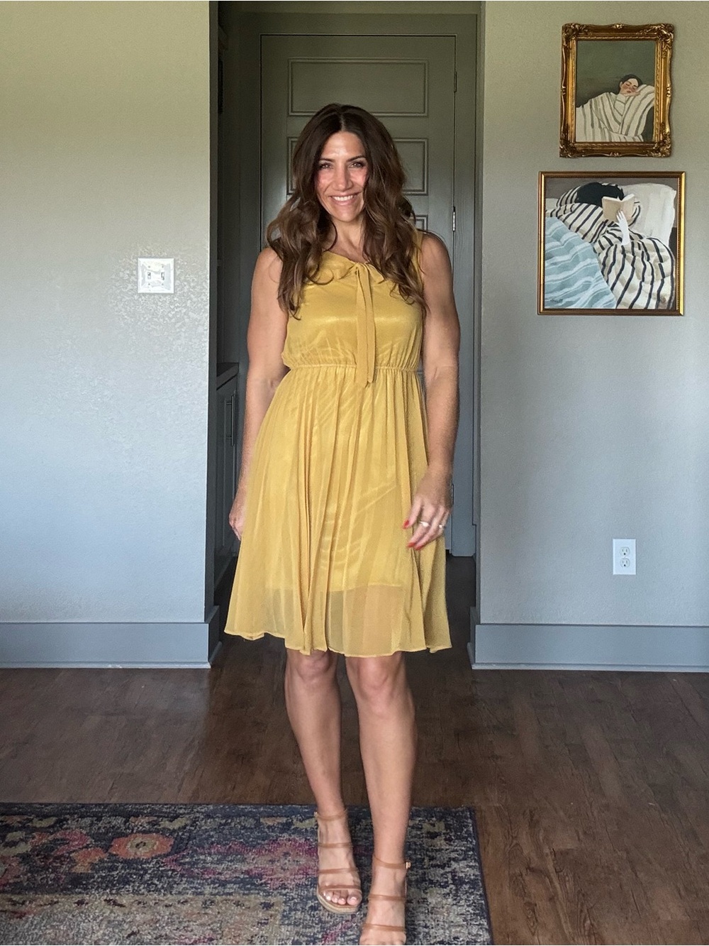 Mustard Gold Pleated Chiffon Fit & Flare Dress | Sleeveless Bow Neck